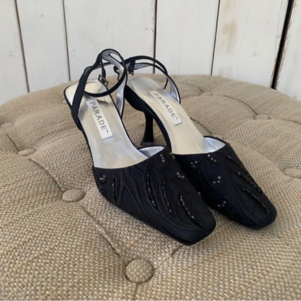 Parade Womens 6.5 Pumps Heels Black Fabric Square Toe Sequins